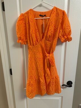 Simple Orange Eyelet Wrap Mini Dress with Puff Sleeves